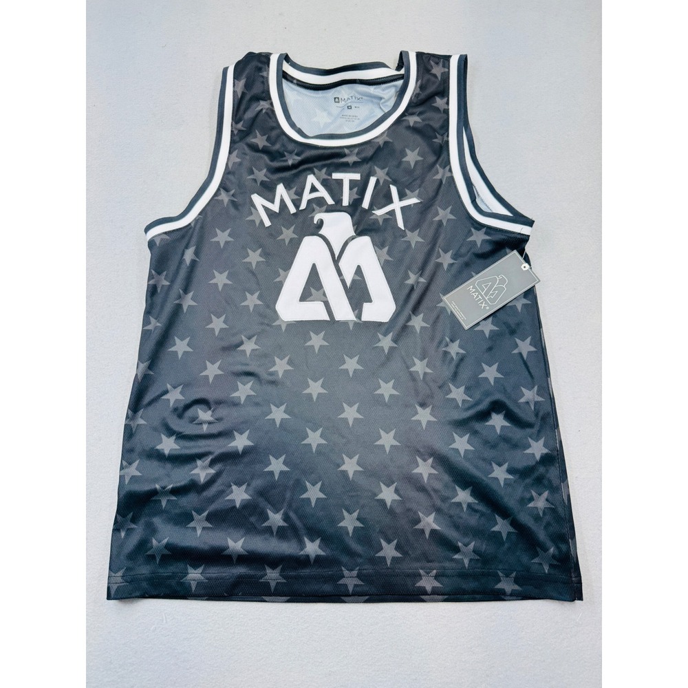 Matix Mens Star Print Mesh Basketball Jersey Black White Logo M RTM454386